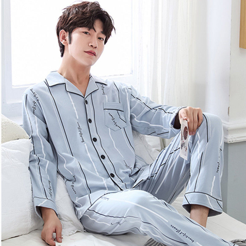 Men's pajamas spring and autumn short sleeve trousers cardigan large size loose casual summer suit for young and middle aged
