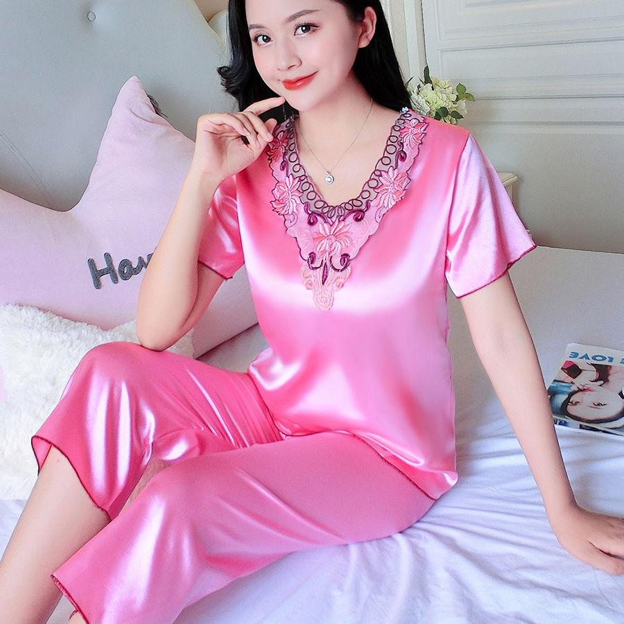 Ice silk pajamas Korean version sexy slim fit summer women's silk short sleeve pajamas women's slim home set wear