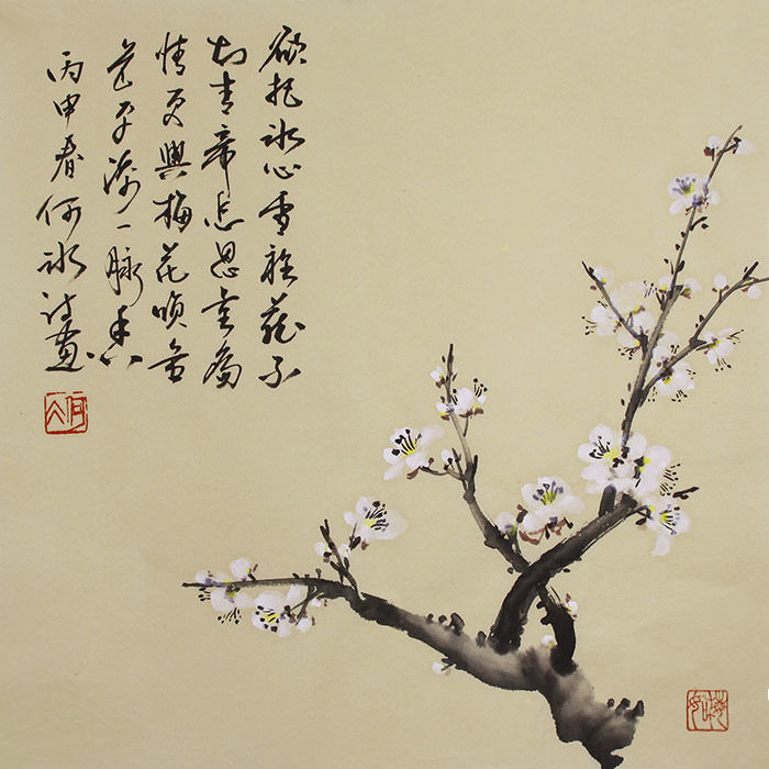 诗人画家原创诗词水墨国画梅花仿古字画书画芯34x34原稿手绘真迹