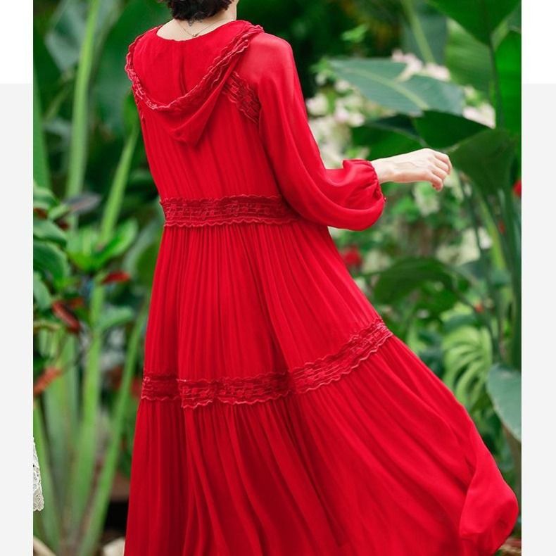 春秋新款民族风长裙雪纺红色泡泡袖宽松大码显瘦连帽两件套连衣裙