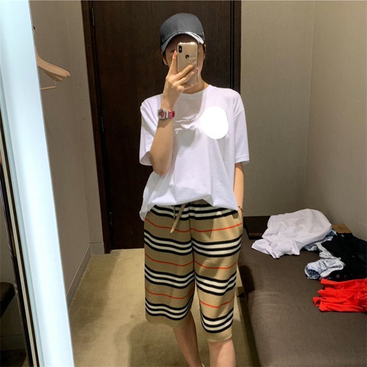 Summer net red style drawstring straight pants women loose striped knitted five-point pants Korean style trendy casual shorts women summer