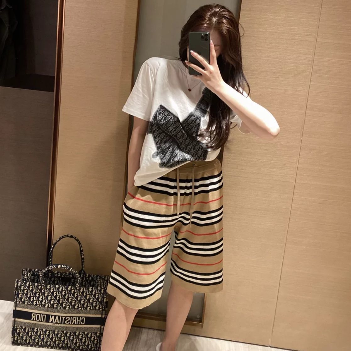 Summer net red style drawstring straight pants women loose striped knitted five-point pants Korean style trendy casual shorts women summer