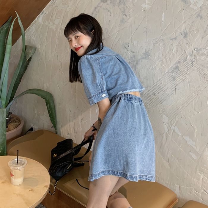 Retro split bubble sleeve dress for women summer 2020 new Korean Style Sexy open waist denim skirt