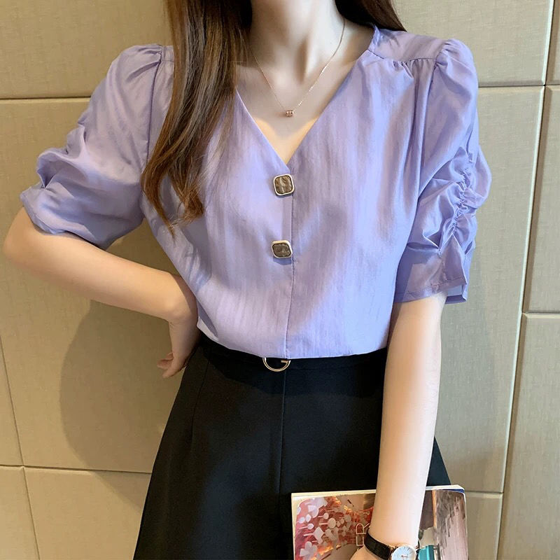 Chiffon shirt women's Short Sleeve Shirt 2020 summer new loose V-neck purple bubble sleeve top fashion