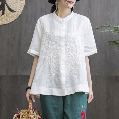 15746/文艺100%纯棉衬衣立领上衣刺绣宽松大码短袖衬衫女仿亚麻小衫女潮