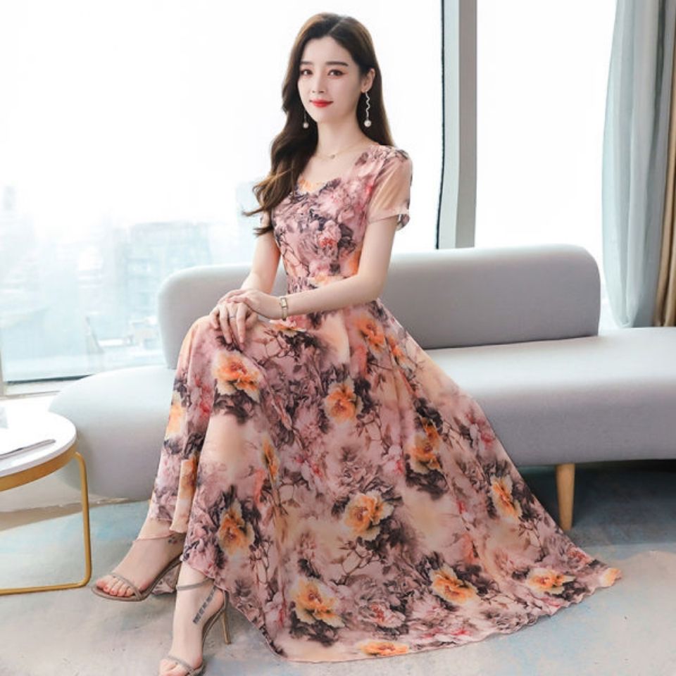 New style ice silk print dress Zixia medium length women's fashion show thin foreign style Korean large size beach skirt