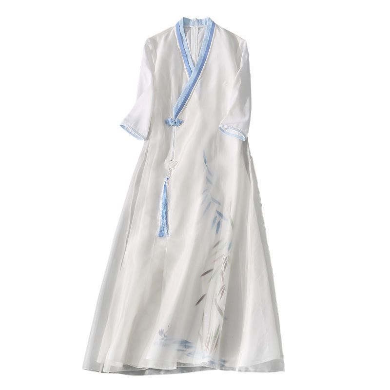2020夏季新款中国风女装白色交领手绘改良禅意茶服复古文艺连衣裙