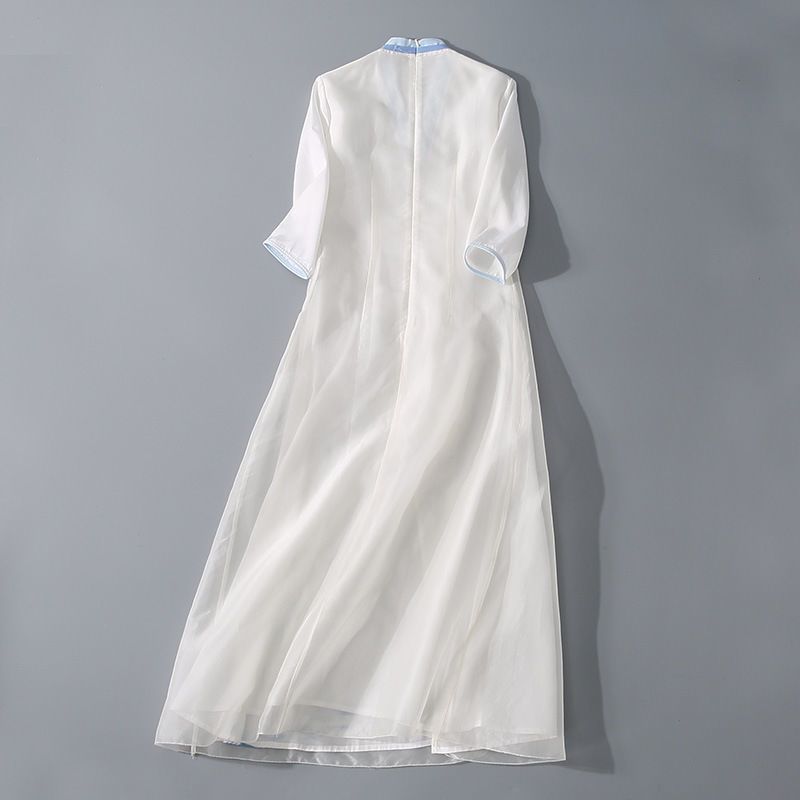 2020夏季新款中国风女装白色交领手绘改良禅意茶服复古文艺连衣裙