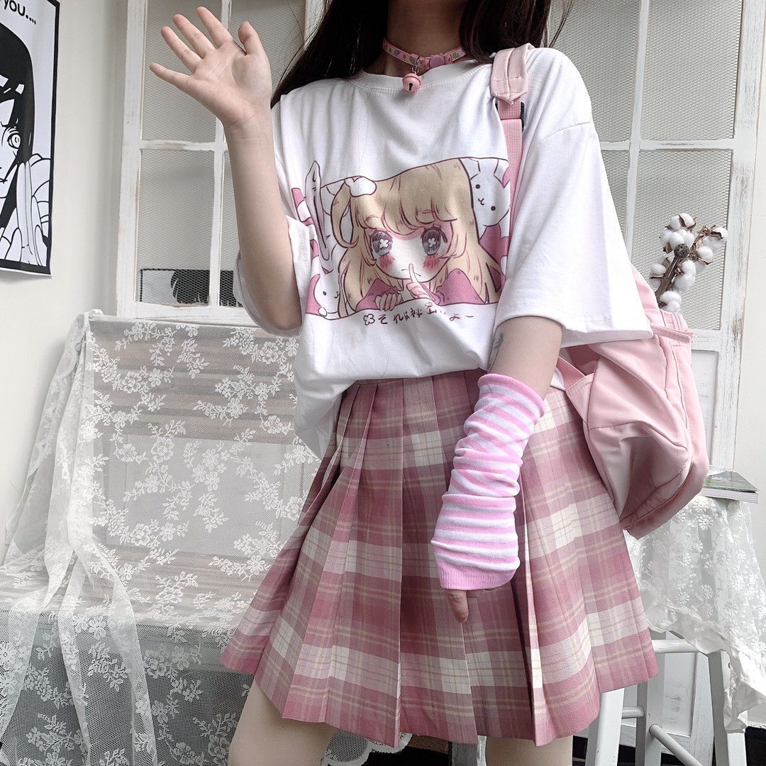 【兩件套裝】JK制服夏季新款二次元動漫清新印花短袖T恤百褶裙子