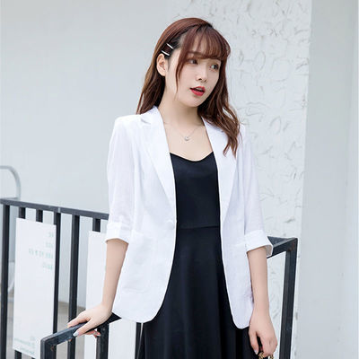 66179/小西装西服外套女夏季短款女七分袖修身薄款职业休闲装亚麻西服女