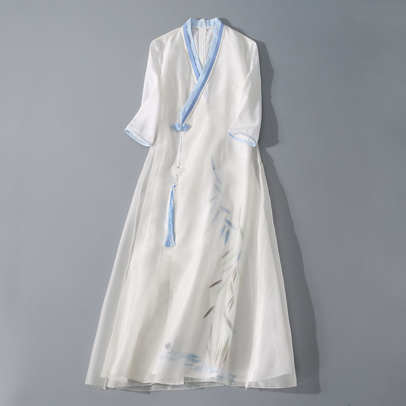 2020夏季新款中國風女裝白色交領手繪改良禪意茶服復古文藝連衣裙