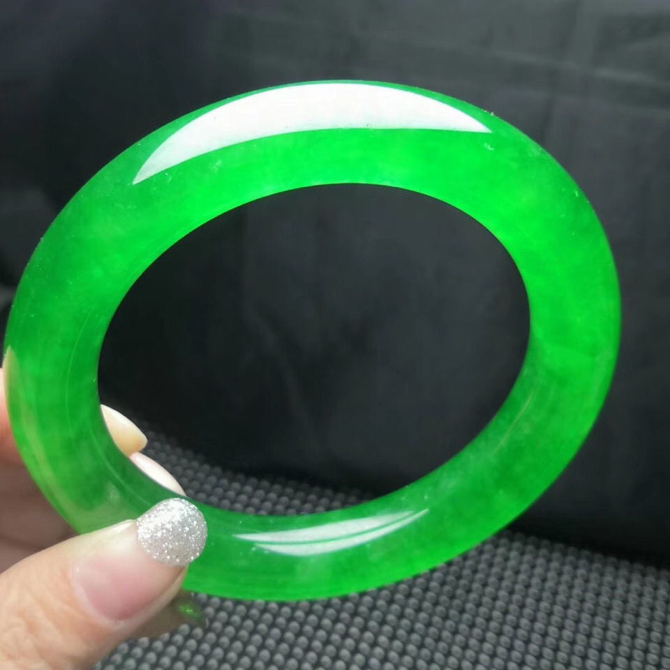 保真天然玉石缅甸翡翠冰种帝王绿圆条手镯正品翡翠满绿色玉手镯