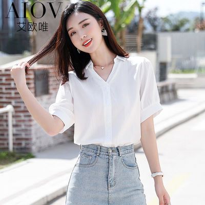 35246/艾欧唯雪纺衬衫女韩版职业装上衣夏装新款v领短袖白色衬衣女