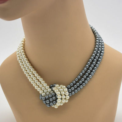 欧美时尚百搭珍珠打结锁骨项链人造珍珠多层颈链黑白串珠女首饰品