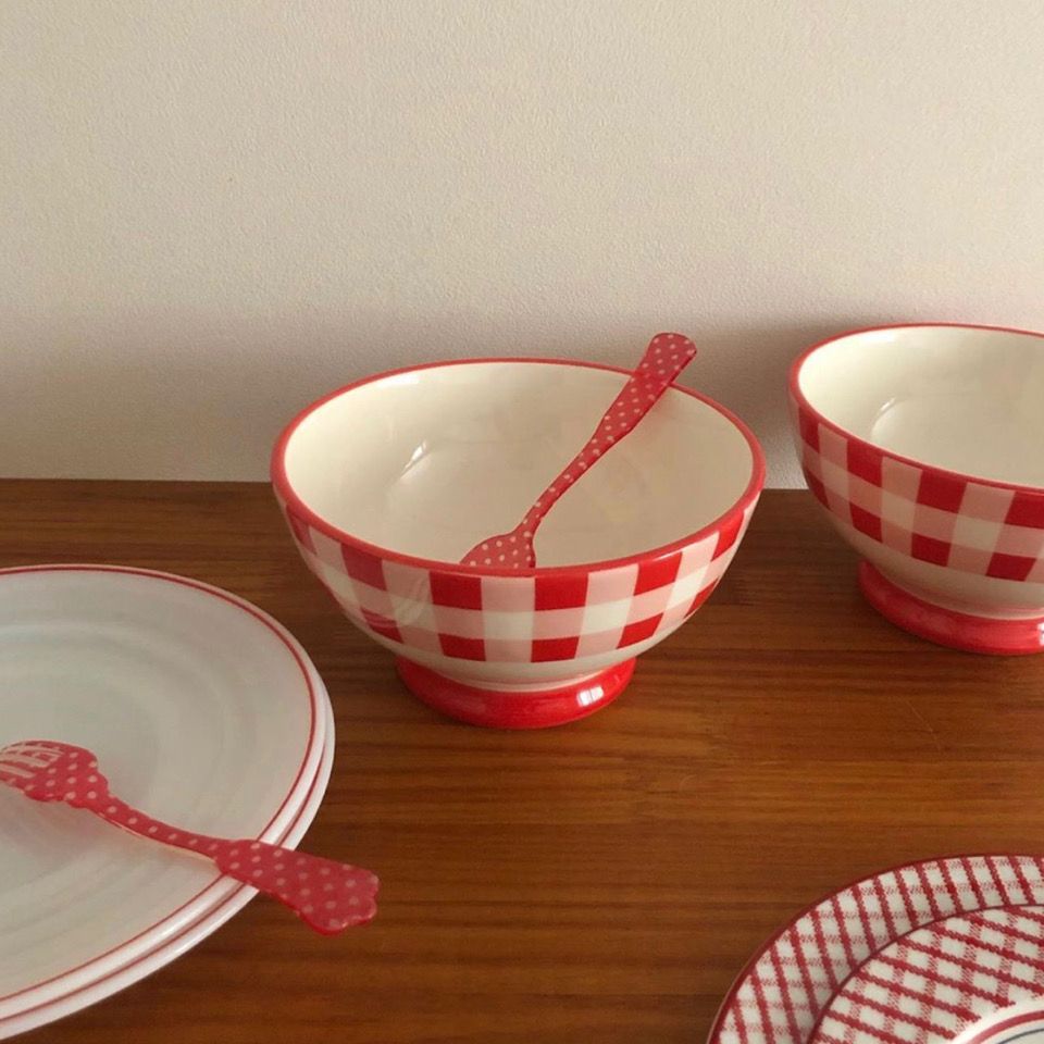 韩国ins同款复古红色格子碗陶瓷饭碗一人食餐具燕麦早餐碗
