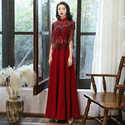 25098/结婚敬酒服新娘2021新款平时可穿酒红色订婚晚宴礼服裙女旗袍长款