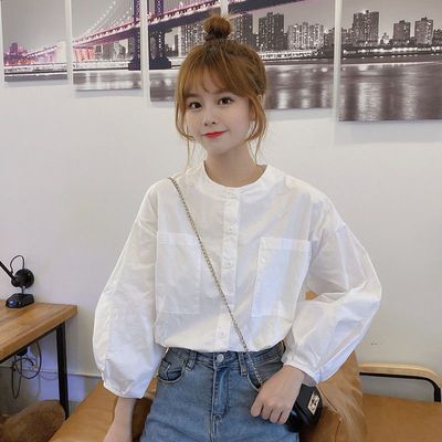 67470/秋季2020新款小清新灯笼袖宽松减龄圆领白色外穿长袖衬衫上衣女装