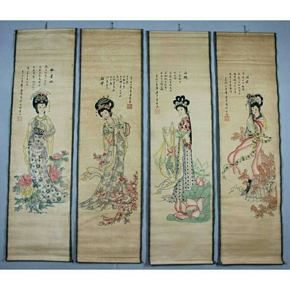 字画国画促销画客厅挂画装饰画壁画四条屏卷轴装裱四大美女