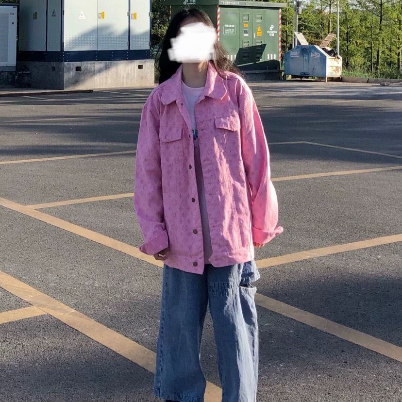 New spring and autumn 2020 Peach Pink Plaid denim jacket for women's loose and versatile girl's long sleeve jacket trend