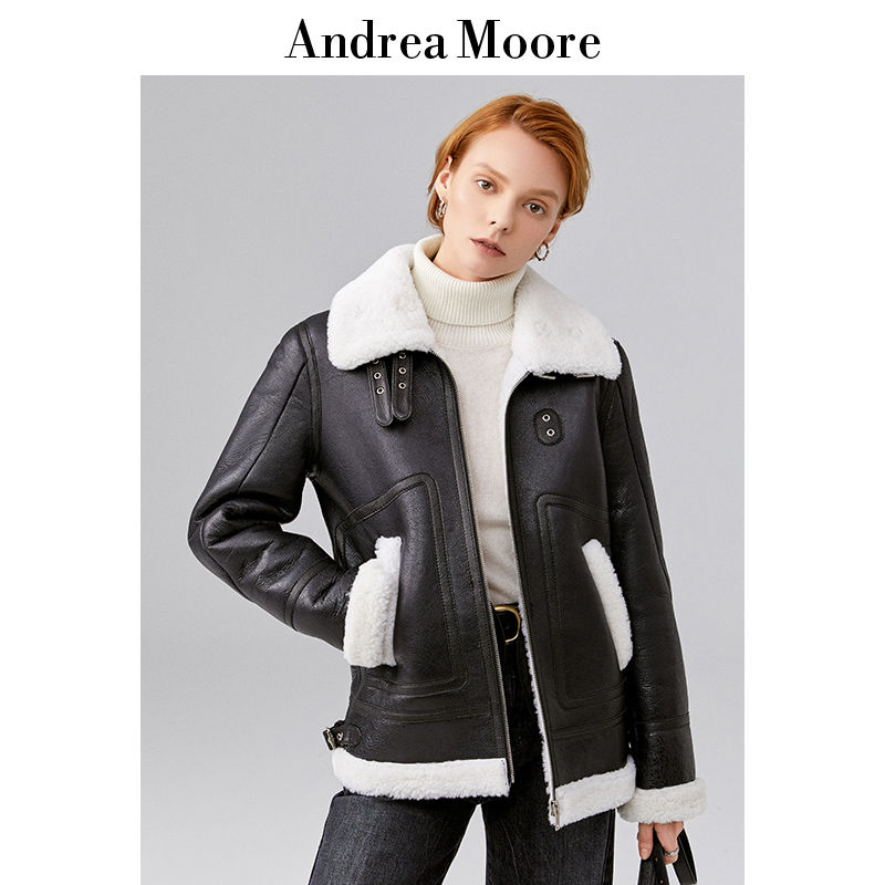 andrea moore2019时尚女装皮衣短款修身羊皮毛一体外套冬加厚