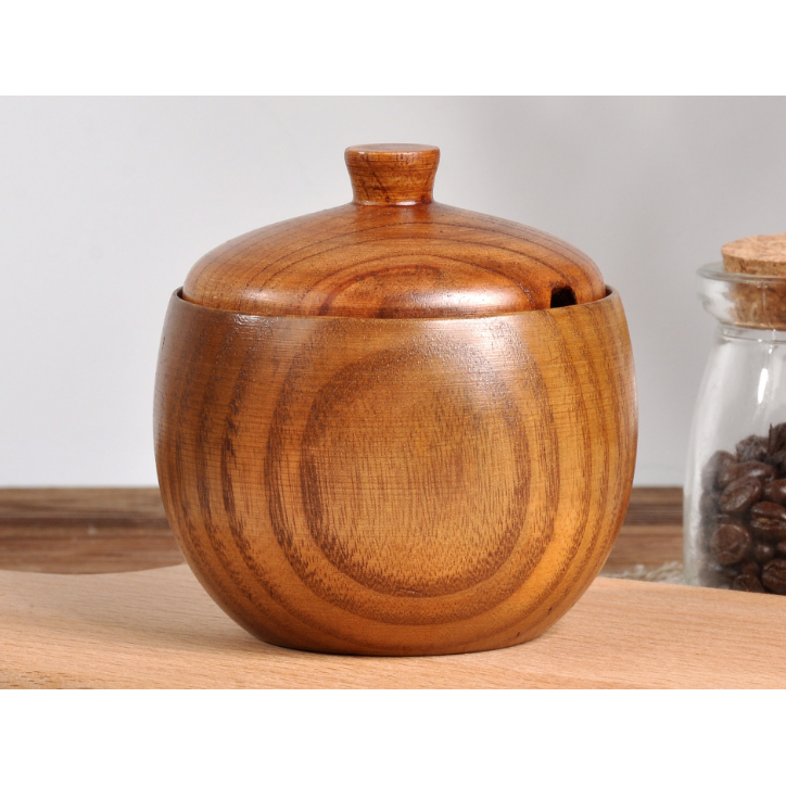 Solid wood seasoning jar creative with lid soup bowl wooden retro solid wood salt jar with lid condiment jar kitchen supplies