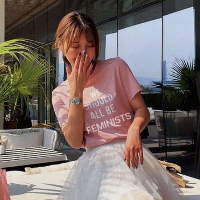 41109/2020新款夏装纯棉短袖粉红色T恤ins风学生韩版圆领洋气休闲百搭