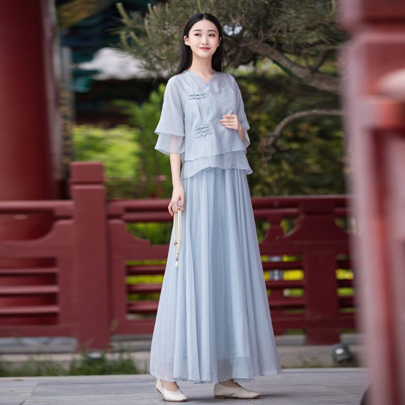單/兩件套 改良版復古漢服春季半身裙女套裝旗袍中國風禪意茶服仙