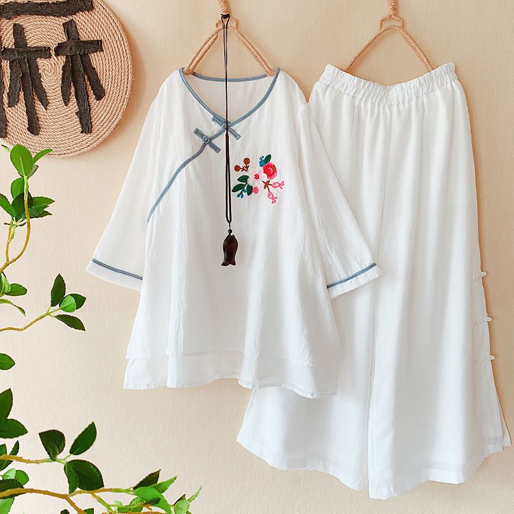 單/兩件套 復古刺繡上衣女秋裝寬鬆顯瘦棉麻禪意茶服女闊腿褲套裝