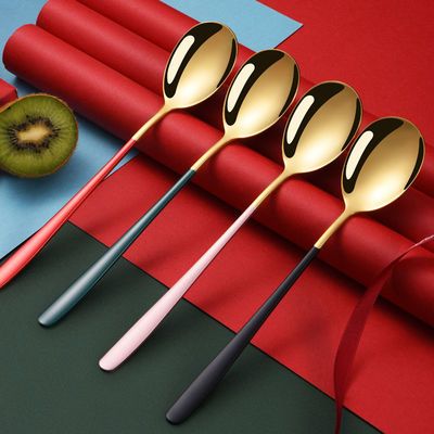勺子加厚不锈钢家用长柄吃饭西瓜汤叉子学生餐具创意儿童网红小圆