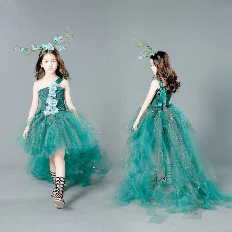 Girls' Dark Green Tutu Dress Custom Gown, Fairy Forest Style, Children's Photography Competition, Halloween Fashion Show_voghion.com