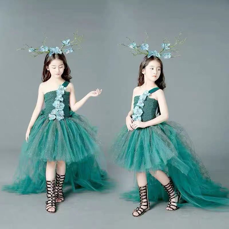 Girls' Dark Green Tutu Dress Custom Gown, Fairy Forest Style, Children's Photography Competition, Halloween Fashion Show_voghion.com