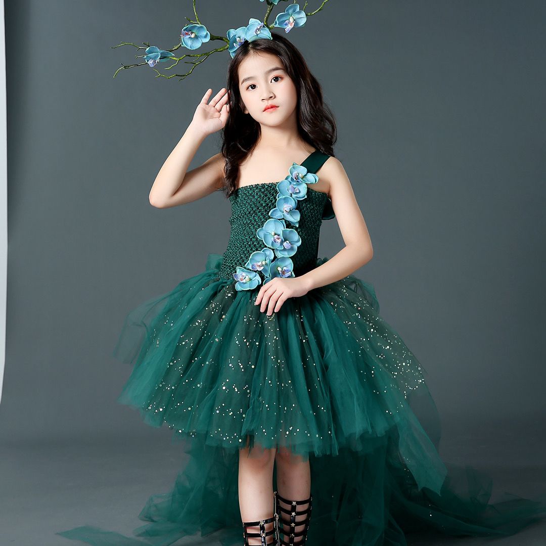 Girls' Dark Green Tutu Dress Custom Gown, Fairy Forest Style, Children's Photography Competition, Halloween Fashion Show_voghion.com