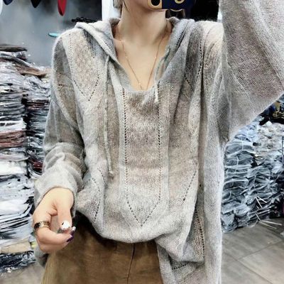 77447/欧洲站镂空毛衣女薄款秋装套头连帽衫大码宽松显瘦慵懒风针织上衣