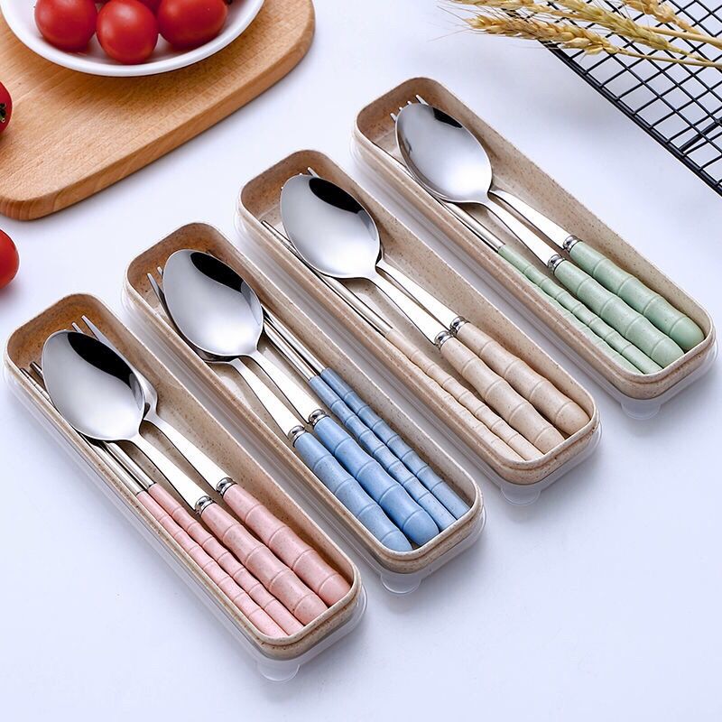 Stainless steel wheat straw spoon fork chopsticks tableware three piece set student canteen Travel Portable cutlery box