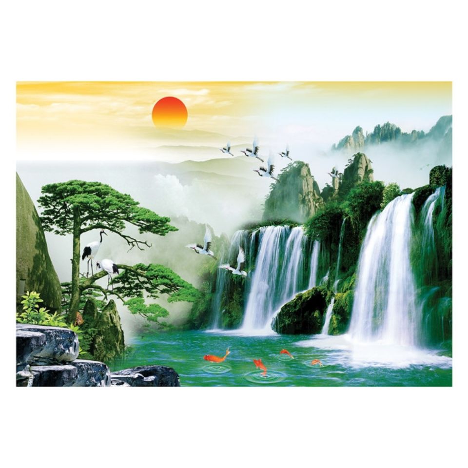 自然山水风景画流水生财瀑布海报制作客厅房间酒店贴画墙画950