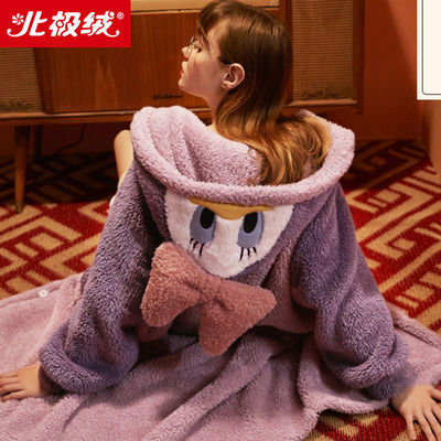 北极绒睡衣女秋冬季珊瑚绒睡袍睡衣加厚学生可爱长款加绒韩版浴袍