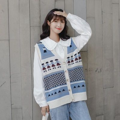 67493/两件套装/单件春秋季日系少女清新风复古外套针织毛衣马甲开衫潮