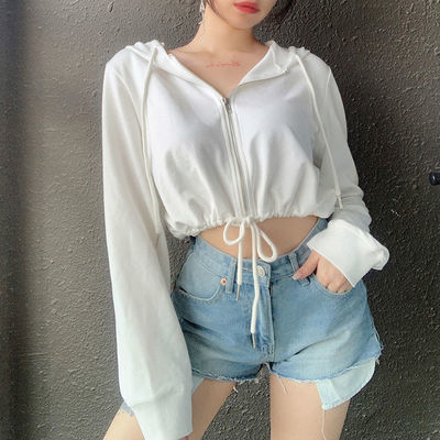 13744/欧美简约纯色卫衣女拉链开衫连帽抽绳长袖外套露脐百搭休闲短上衣