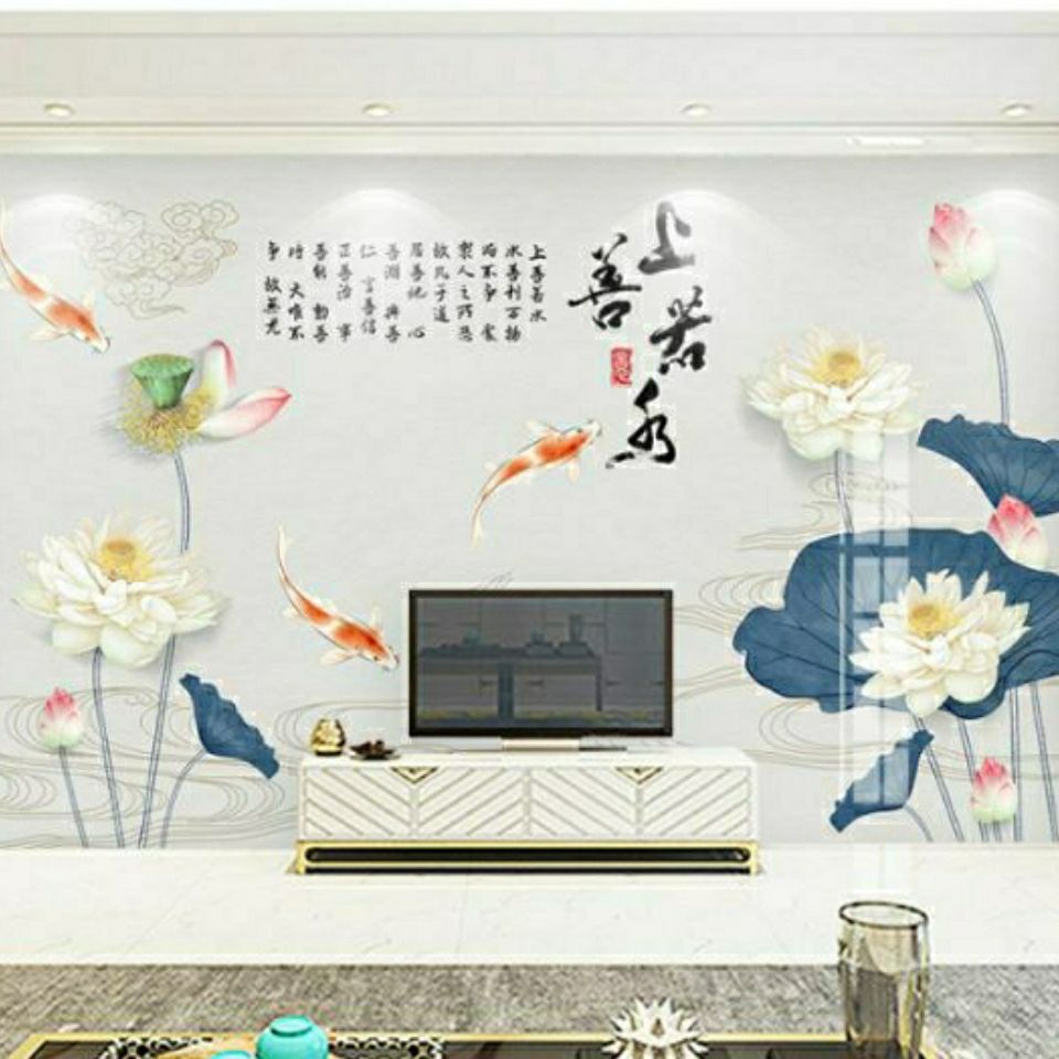 悦好中式上善若水荷花主题壁画客厅电视背景墙布沙发卧室影视墙布