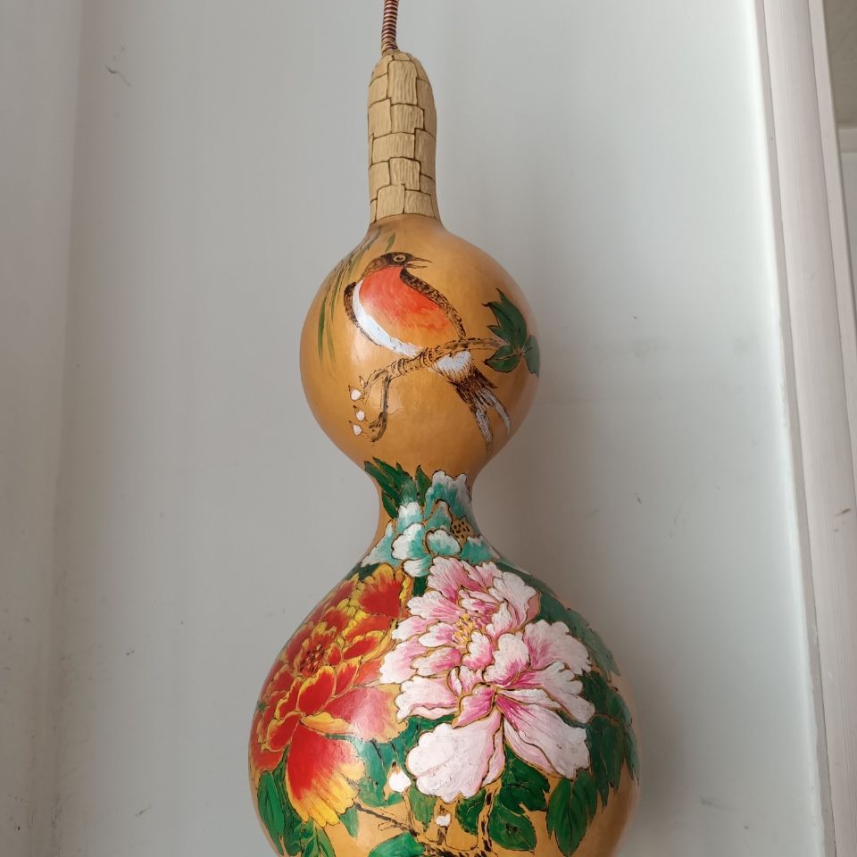 纯天然葫芦纯手工烙画绘画雕刻老葫芦牡丹大摆件