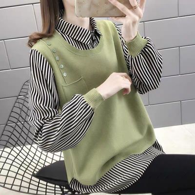 69997/春秋新款2021女毛衣假两件宽松上衣潮流百搭套头衬衫领拼接针织衫