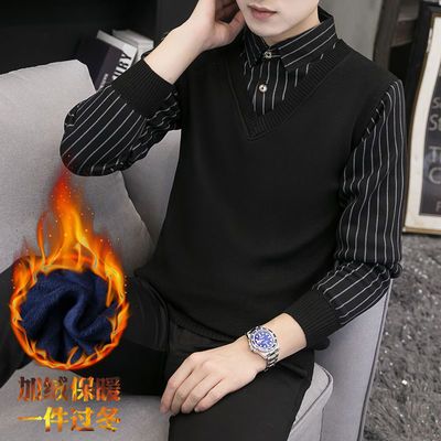 冬季新款假两件连体男士毛衣加绒衬衫领针织衫青少年修身保暖毛衫