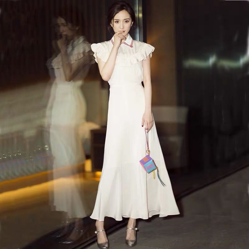 杨幂明星同款2019新款连衣裙女系带修身收腰韩版气质时尚长裙