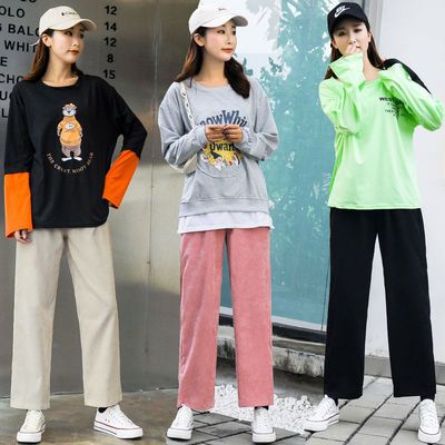 75995/秋冬网红粉色灯芯绒休闲阔腿裤子女学生韩版高腰直筒宽松ins潮流