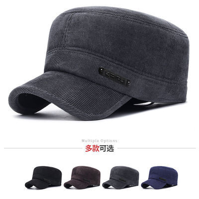 72219/帽子男秋冬季加厚保暖条纹护耳平顶鸭舌爸爸时尚休闲中老年棒球帽