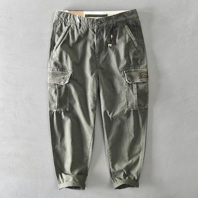 76186/新款男士全棉纯色多口袋休闲工装裤青年宽松直筒纯棉小脚长裤男潮
