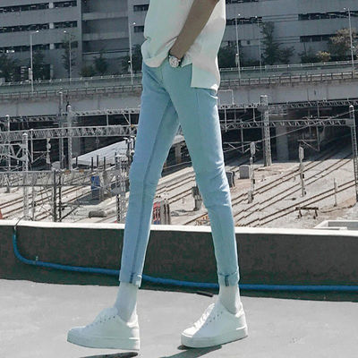 新款韩版浅色牛仔长裤男裤子夏季弹性紧身裤男子男款修身型小脚裤