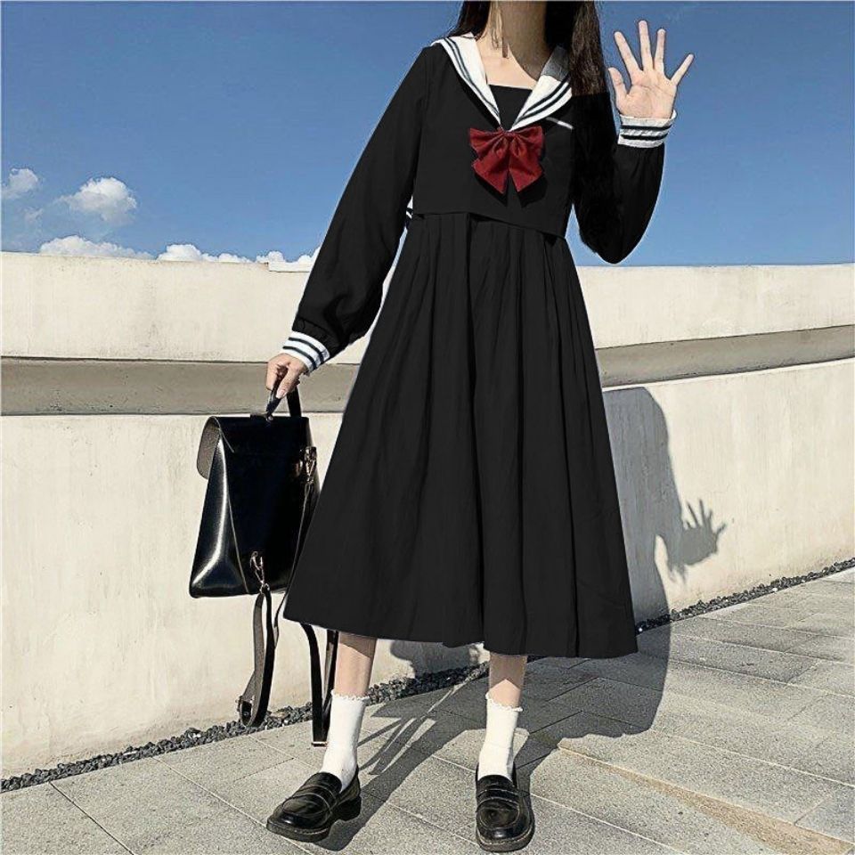 Navy collar dress women's spring new Korean version loose waist slimming Japanese college style long skirt graduation dress