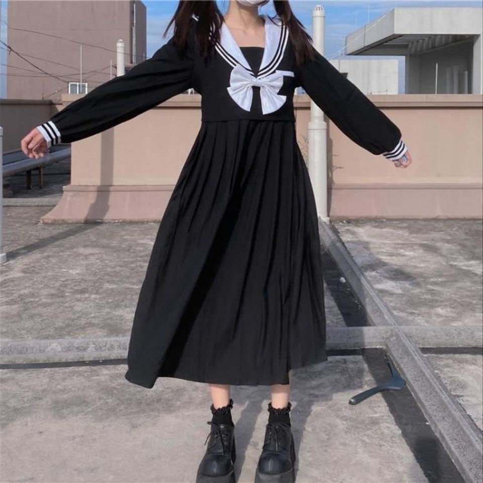 Navy collar dress women's spring new Korean version loose waist slimming Japanese college style long skirt graduation dress