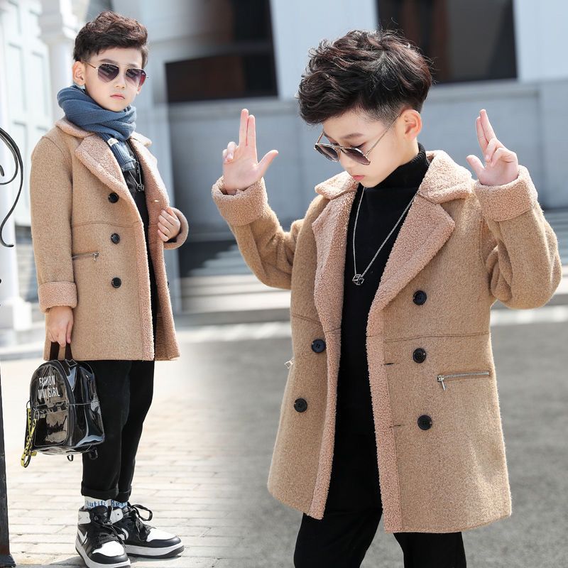 2022 autumn and winter new boys' fur one-piece western style coat children's woolen coat big boy Plush thickening trend